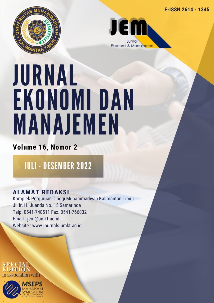 					View Vol. 16 No. 2 (2022): Jurnal Ekonomi dan Manajemen (Special Edition MSEPS UMKT)
				